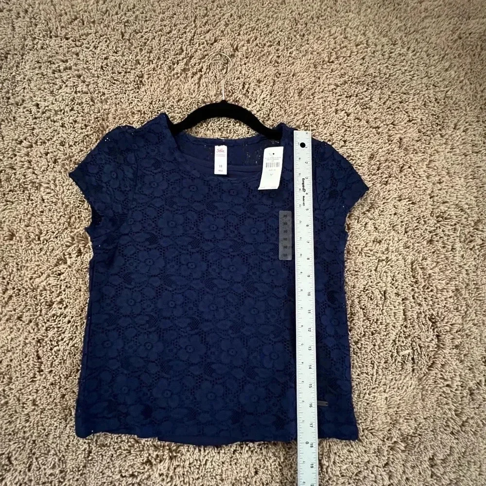 NWT new justice navy blue girls lace short sleeve top with attached cami 10